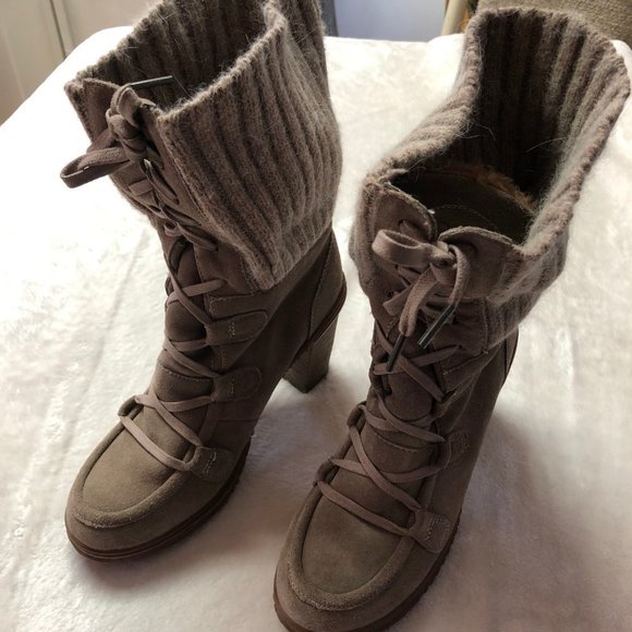 PAJAR Winter Fleece Lined Taupe Block Heel Fold Over Booties Size 8 - Picture 5 of 11